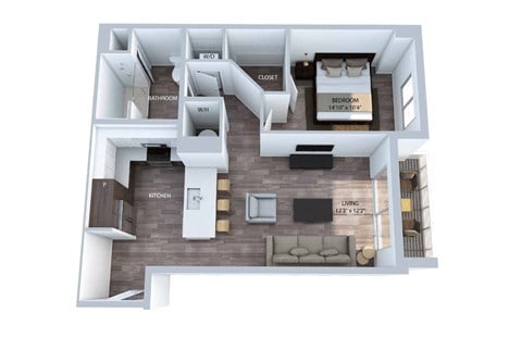 Floor plan for 1 bed, 1 bath, 762 sqft